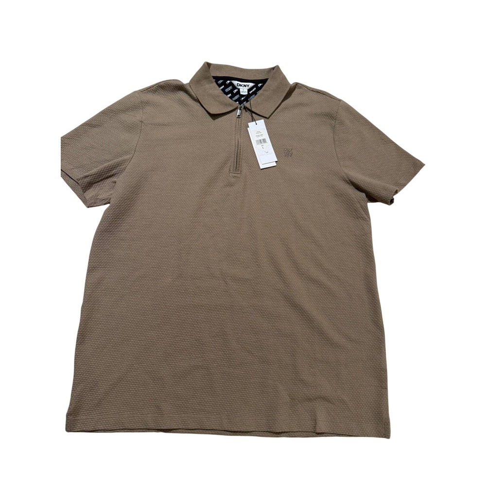 NWT DKNY Men's Polo Shirt Large Brown Tan Waffle Textured Knit Quarter Zip